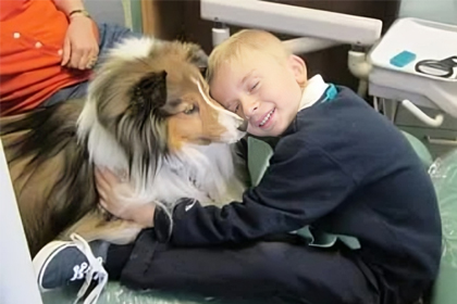 Young boy hugging large fluffy dog in dental office setting.
