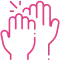 Pink outline of two hands with fingers spread, representing care and support for dental health.