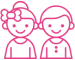 Two smiling children with simple line-drawn faces in pink outline style.