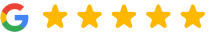 Google logo with five gold stars representing excellent customer reviews and ratings.