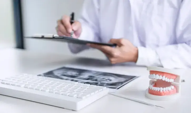 Dentist reviewing dental X-rays and insurance documents at desk with teeth model.